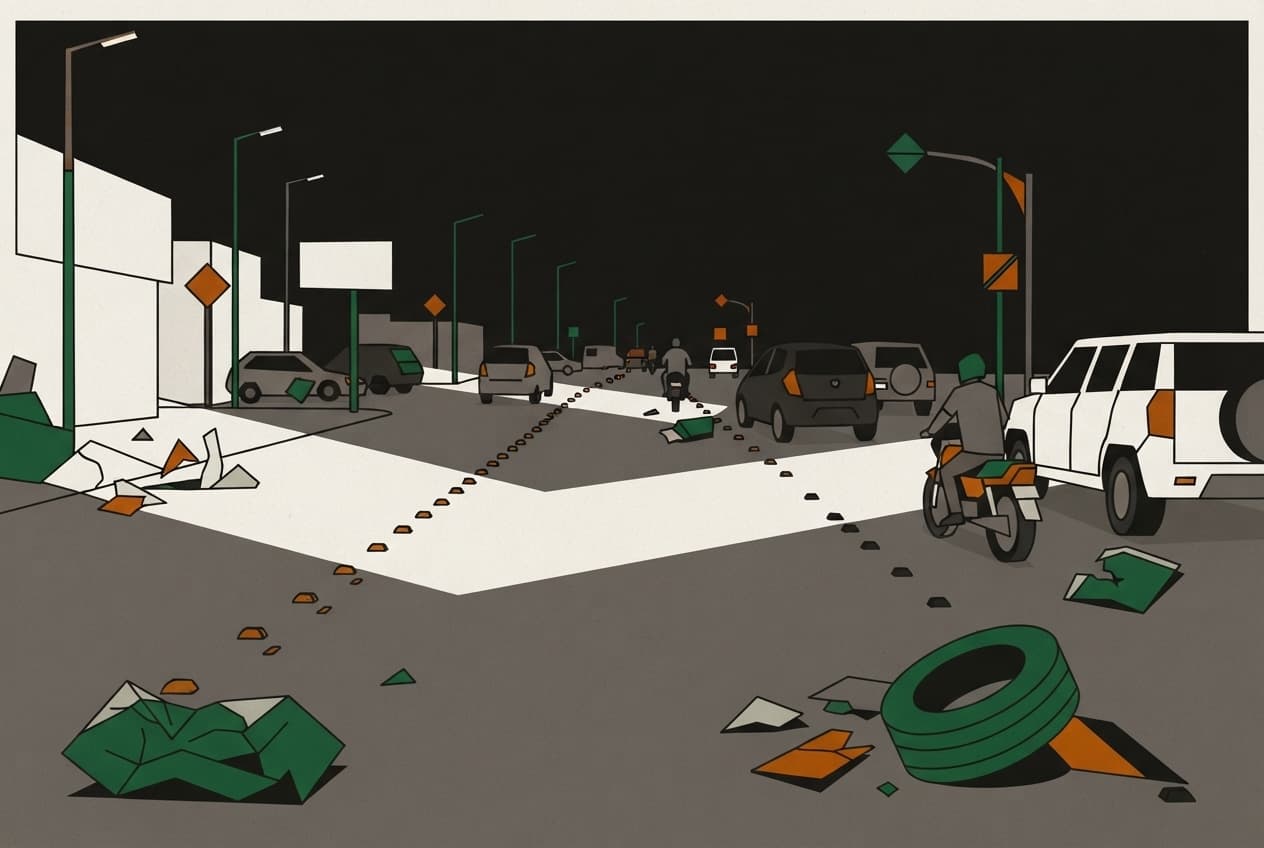 Illustration plate : véhicule, moto, débris, signalisation routière, pneu
